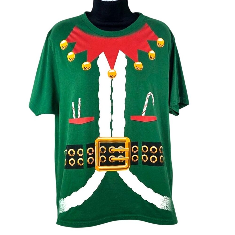 Holiday Time Elf Graphic T-Shirt Large Green & Red Christmas Costume Tee